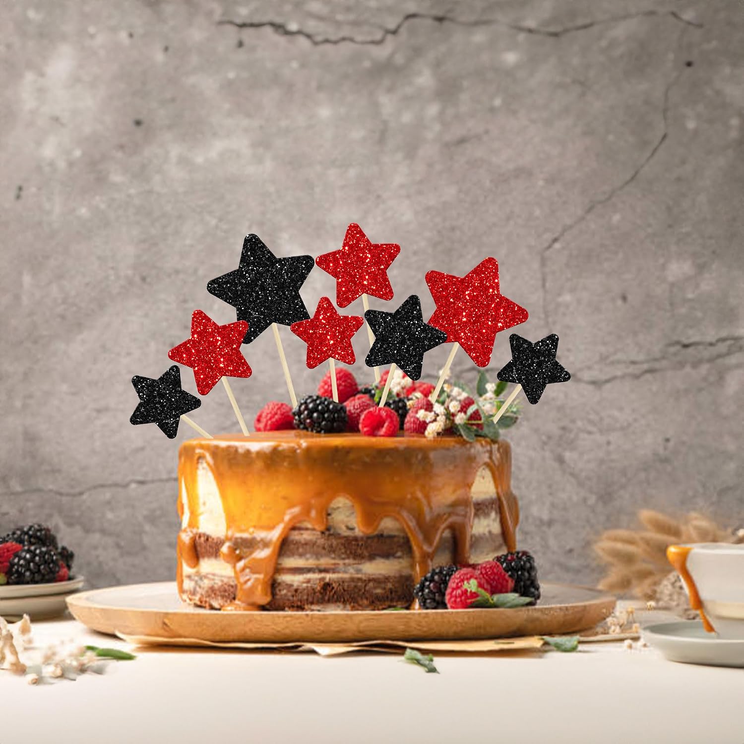 Gyufise 42Pcs Mixed Size Little Star Cupcake Toppers Glitter Twinkle Star Cupcake Picks Halloween Party Cake Decorations for Happy Halloween's Day Party Favors Supplies Black Red