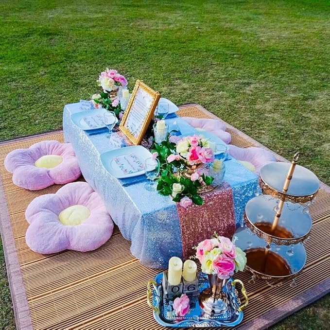 QueenDream Baby Blue Sequin Tablecloth 90x156 Inch Glitter Table Cloth for Baby Shower Birthday Party Decorations