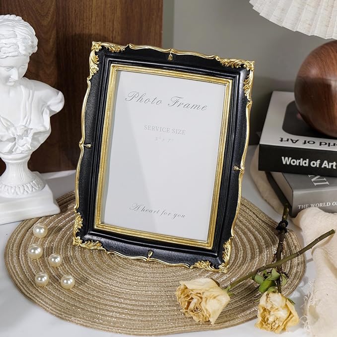 Cuspin Vintage Picture Frame 5x7 Black and Gold Frame, Ornate Textured Hand-Crafted Resin Photo Frames with Glass Front, Decorative Picture Frame for Wall & Tabletop, Antique Frame Home Decor
