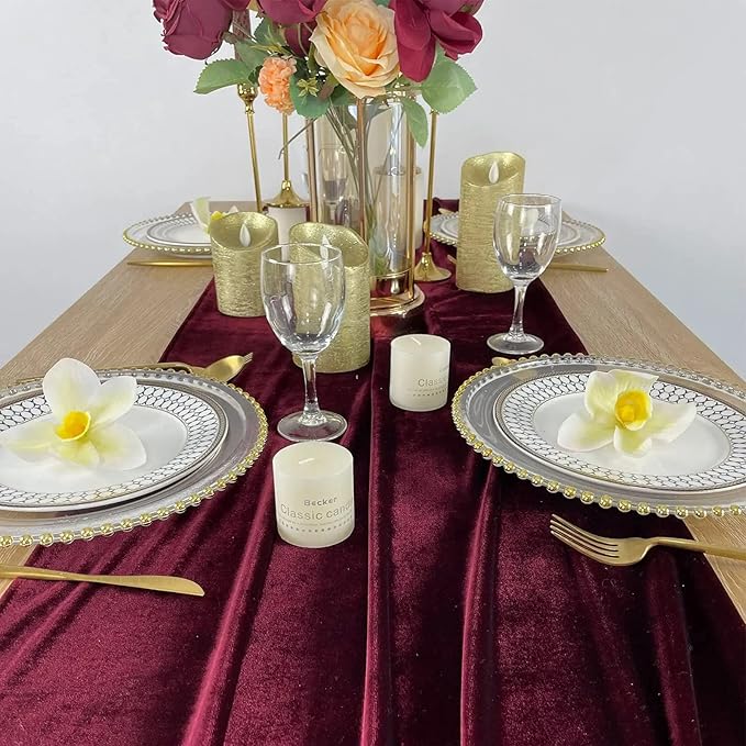 Luxurious Velvet Table Runner, 10ft Wedding Reception Decorations, 20x120inch Soft Velvet Fabric, Table Linen Overlay, Wedding Table Runners (Burgundy, 20X120inch, 2pack)
