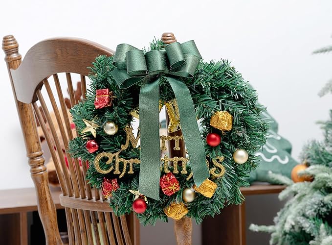 Christmas Ribbon Wired Green Satin Ribbons 1-1/2 Inch Double-Faced Gold Glitter for Tree Decoration, Wreath, Gift Wrapping, Home Decor 10 Yards