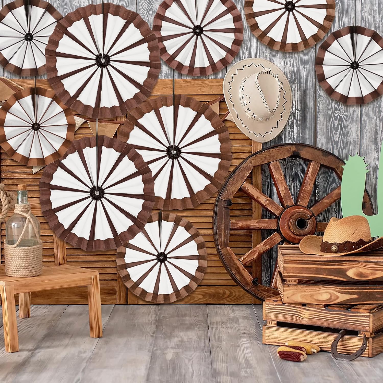 Outus 9 Pcs Western Cowboy Party Decorations Paper Fans Wagon Wheels Straw Hay Bales Hanging Ceiling Wall Decor for Country Western Themed Rodeo Farm Birthday Party Supplies (Wagon Wheels)