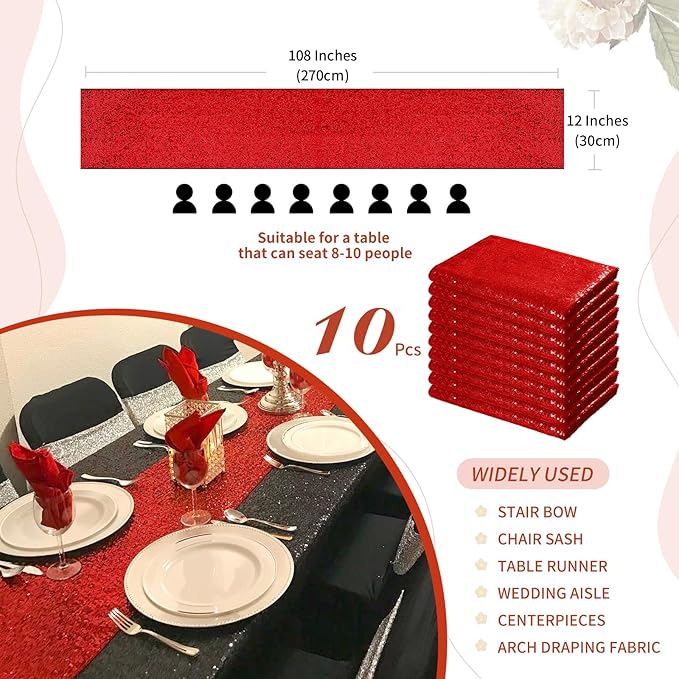 Red Table Runners 10 Packs 12x108 Inch Glitter Sequin Table Runners for Birthday Party Bridal Shower Banquet Wedding Table Decorations