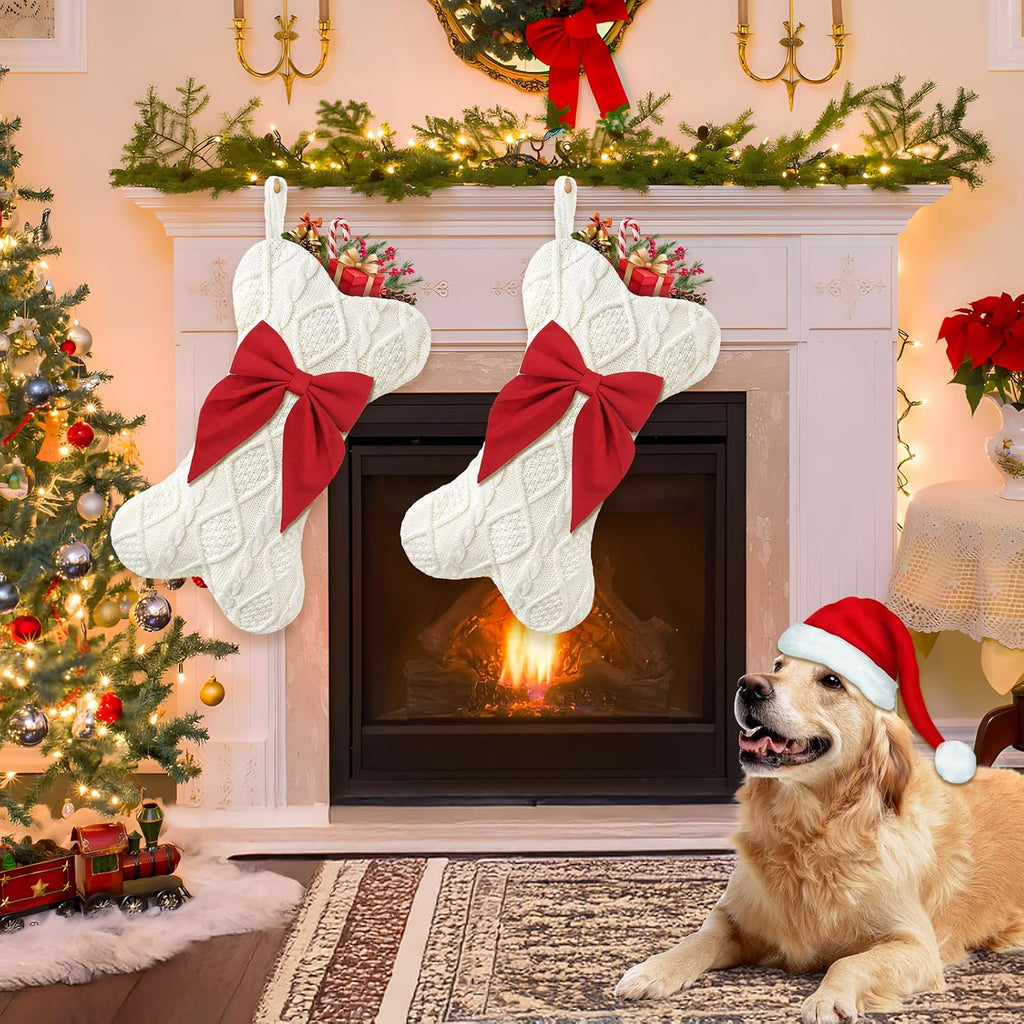 Dog Christmas Stocking,Knit Pet White Large Christmas Stocking,Dog Bone Christmas Stockings for Dogs Puppys Pets,Hanging Bone with Bow (Red)