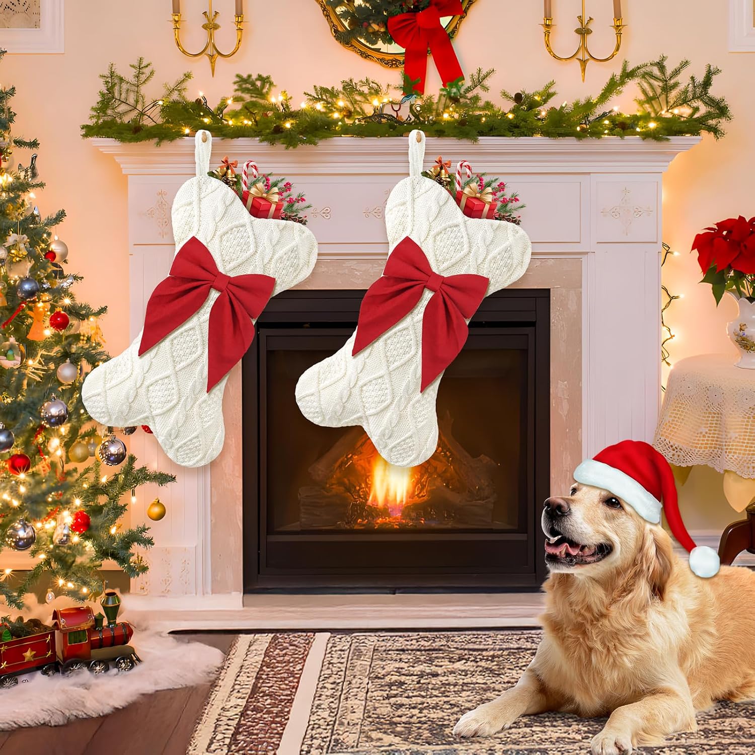 Dog Christmas Stocking,Knit Pet White Large Christmas Stocking,Dog Bone Christmas Stockings for Dogs Puppys Pets,Hanging Bone with Bow (Red)
