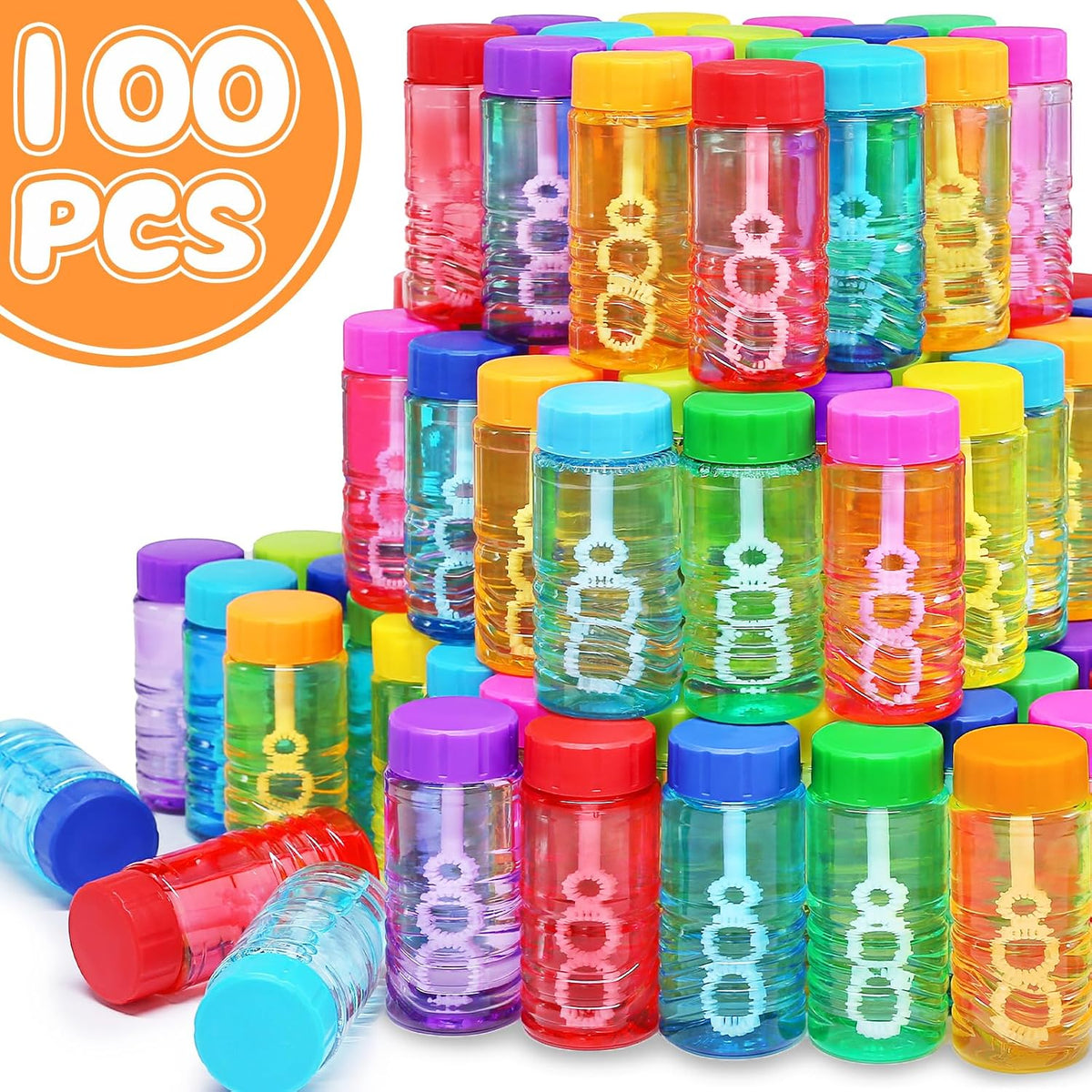 100 Pack 10 Neon Color Bubble Bottles Bulk, Wand Attached Cap Party Favor