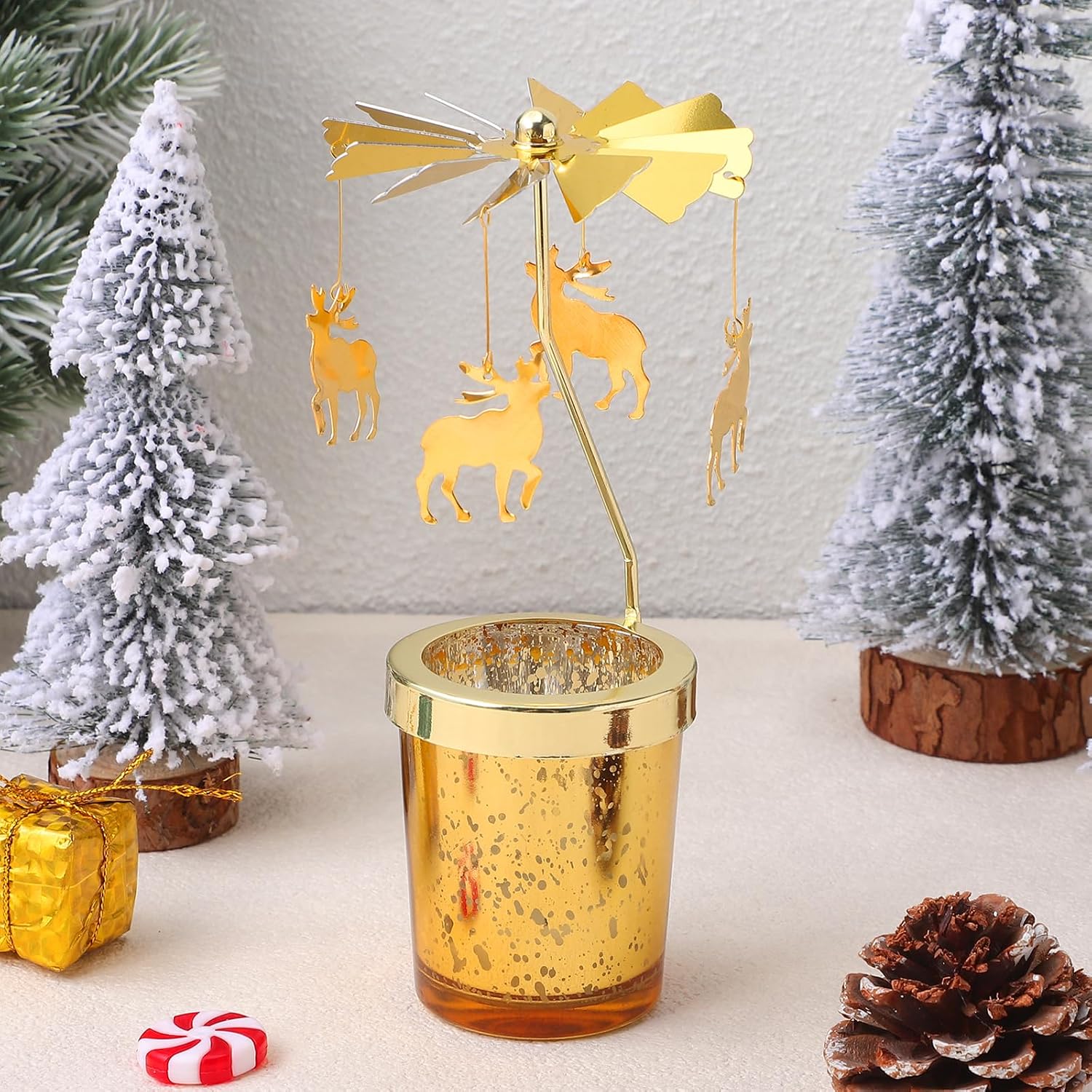 Holibanna Rotating Candlestick Christmas Carousel Tea Light Gold Candle Holder (2PCS Snowflake)