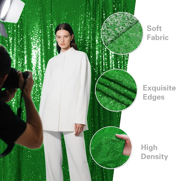 Green Sequin Backdrop Curtain 4 Pieces 2FTx8FT Glitter Photography Backdrop for Party Wedding Birthday Christmas Decorations