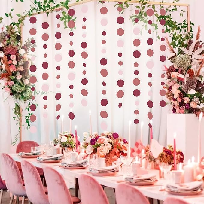 Burgundy Dusty Pink Decorations Circle Dot Garland Maroon Pink Hanging Polka Dot Streamer Banner for Wedding Birthday Bridal Shower Engagement Baby Shower Graduation Anniversary Garnet Party Supplies