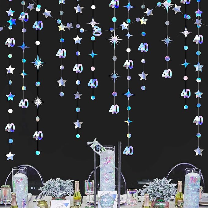 Iridescent 40th Birthday Decorations Number 40 Circle Dot Twinkle Star Garland Metallic Hanging Streamer Bunting Banner Backdrop for Women Mens 40 Year Old Birthday Forty Anniversary Party Supplies
