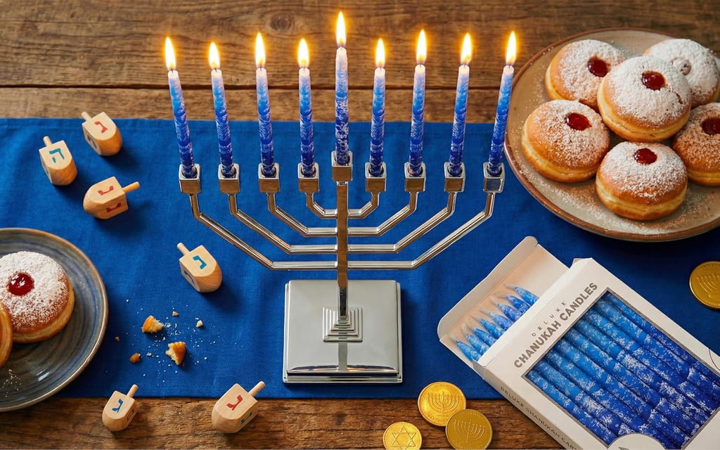 Premium Hanukkah Candles Set of 45 Frosted Multi Blue Winter Holidays Theme Candles 1-Hour Thin Tapered for All Hanukah Nights with DIY Dreidel & Chanukah Candle Lighting Blessings