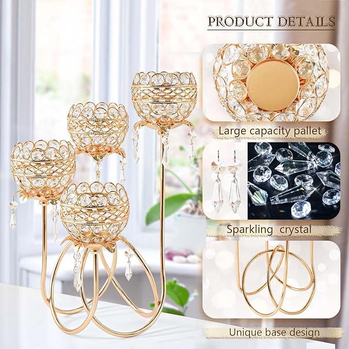 4 Arms Crystal Candelabra Tealight Holder - Tall 15.7 Inch Elegant Centerpiece with Crystal Pendant Bowls & Artistic Metal Stand for Wedding, Dining Table, Home Decor (2, Gold)