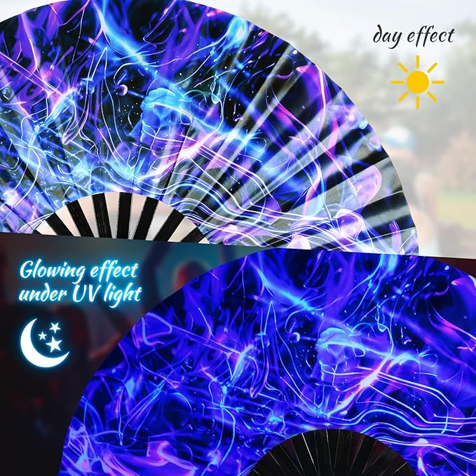 SYNTECSO Folding Hand Fan for Rave, Popping Fan for Line Dancing, Drag Queen, Women and Men Gift，Chinese Japanese UV Glow Clack Fan for Parties, Music Festivals, EDM and Decoration
