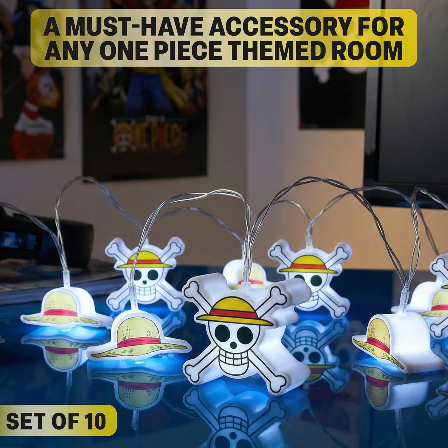 Get Trend One Piece 3D LED String Lights, 5.4 ft, 10 Pcs White Fairy Lights Battery Operated, 2 Lighting Modes, Straw Hat Indoor, Home, Room Decor for Kids, Teens, Adults, Manga, Anime Gifts
