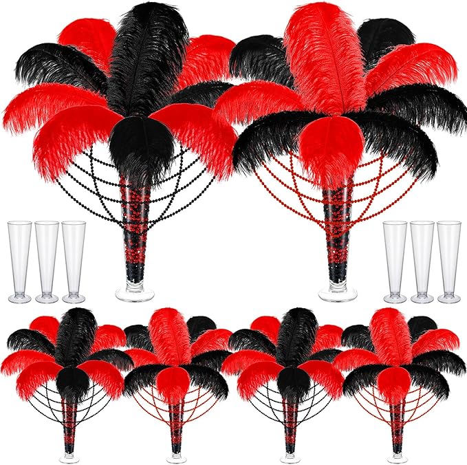 6 Sets Wedding Table Centerpiece Accessories Including 159 Pieces Natural Ostrich Feather Bulk Plastic Vases and Beads Necklaces for Wedding Home Party Centerpiece Supplies(Black, Red)
