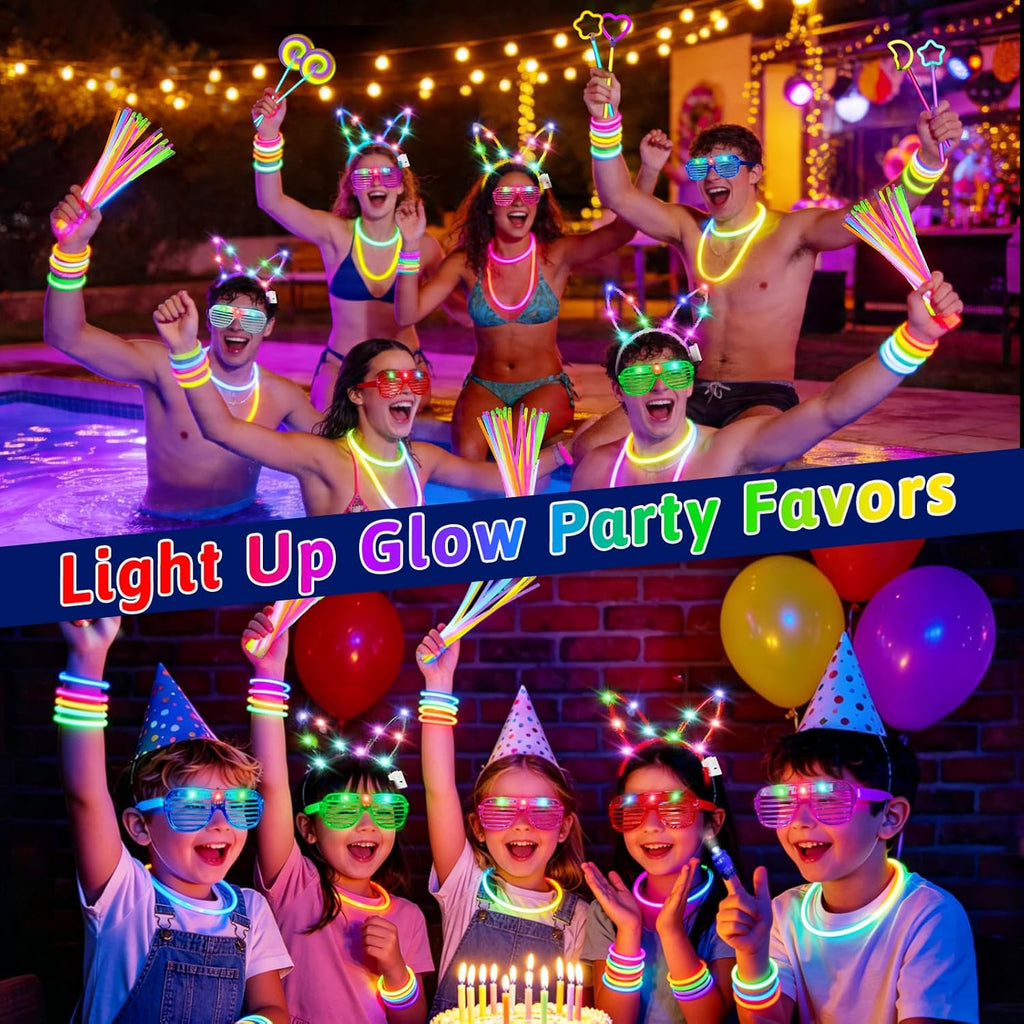 156Pcs Glow In The Dark Party Supplies for Kids/Adults, Light Up Accessories with Glasses, Headband, Bracelets, Necklaces, Wand, 100 Glow Sticks Bulk Party Pack, Neon Disco Birthday Party Decorations