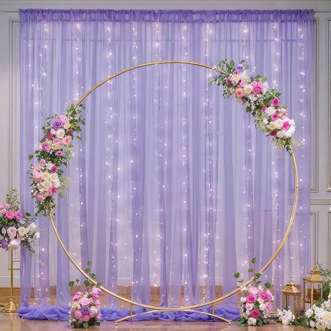 30×10ft Purple Tulle Backdrop Curtain with Lights String for Parties, Sheer Photo Backdrop Curtains for Wedding Party Photography Background