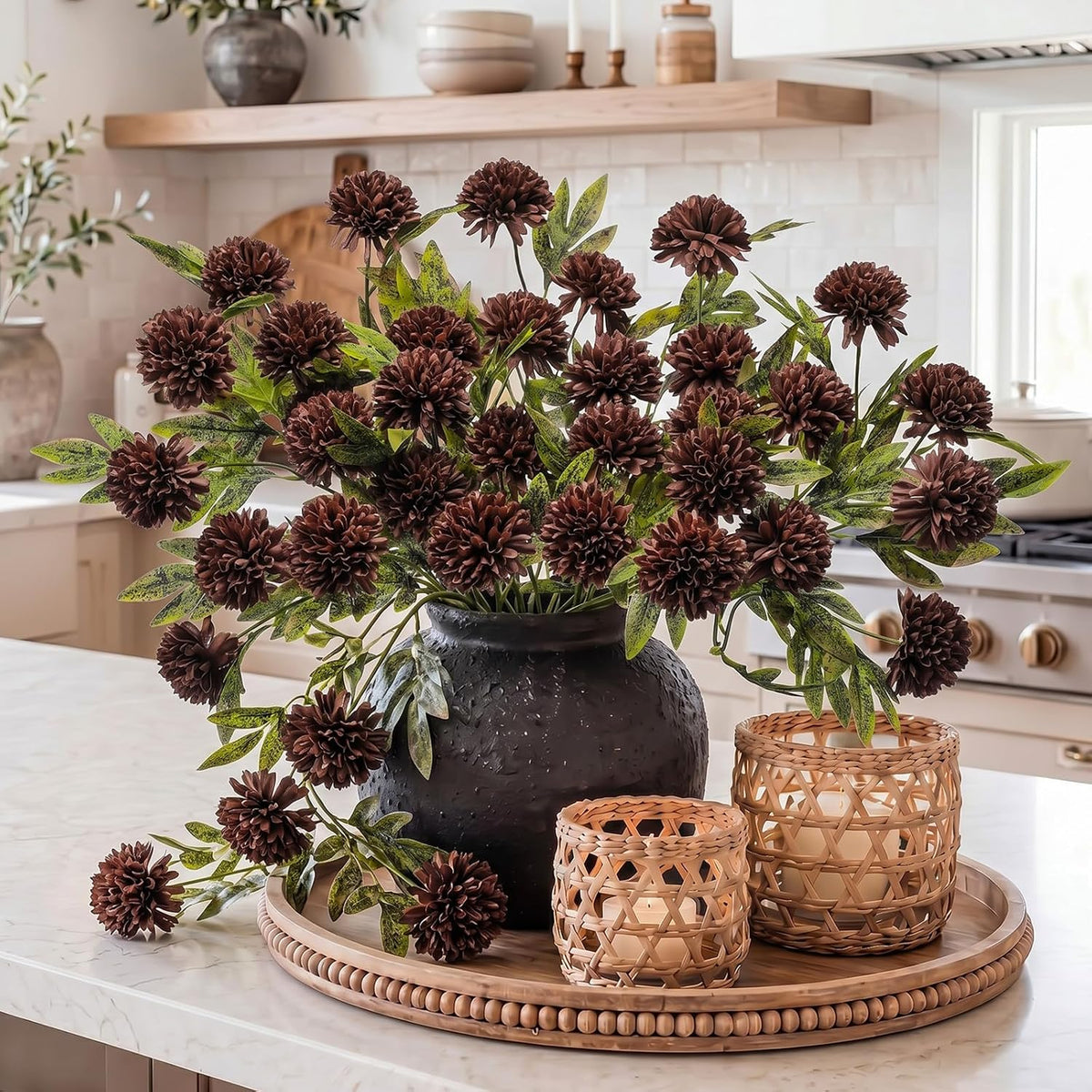 Knitgrip 8 Pcs Faux Silk Pom Pom Mum Artificial Flowers, Chocolate