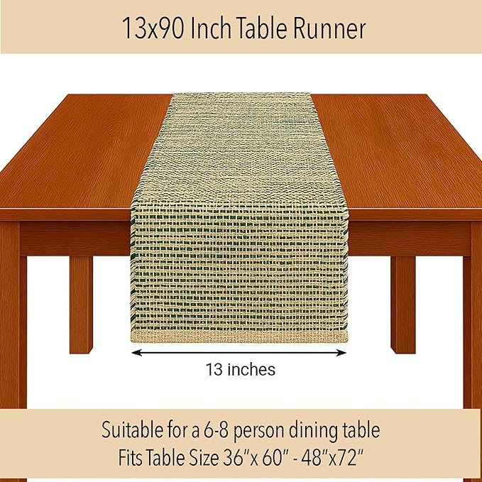 Chardin home Natural Jute Table Runner 13x90 Inch – Vintage Boho Rustic Table Decor – Handwoven Table Runner in Natural Jute and Green – Farmhouse Dining or Console Table Accent