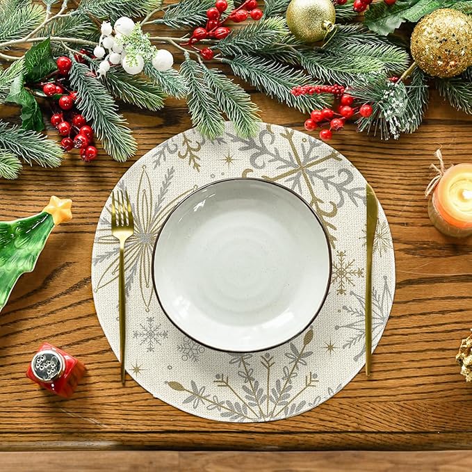 Artoid Mode Beige Snowflake Let It Snow Winter Placemats Set of 6, 14 Inch Seasonal Christmas Xmas Round Table Mats for Dining Decoration