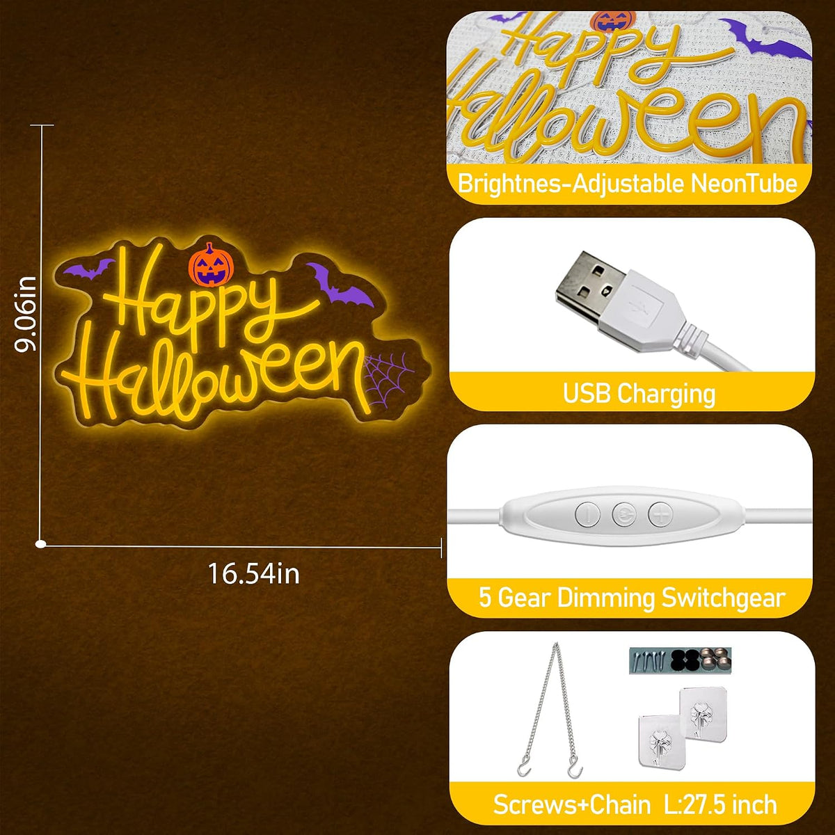 Happy Halloween Neon Sign, Cool Dimmable Light Up Halloween Pumpkin Bat Windo...