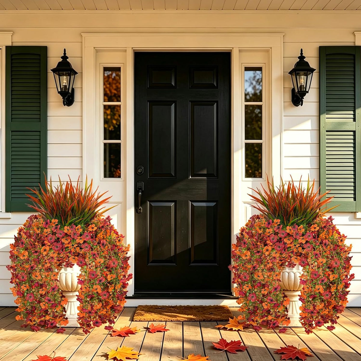 artificial fall hanging flowers for outdoor, five-petaled faux shown in use