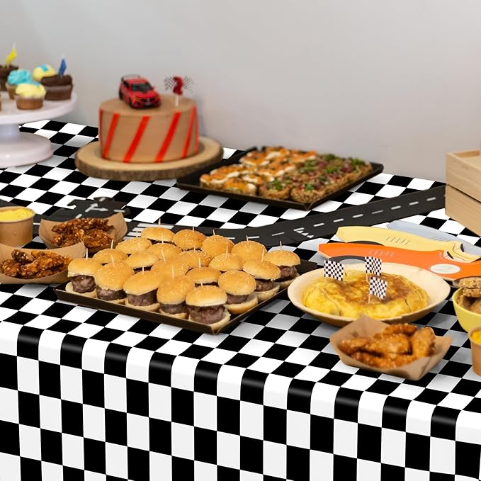 QZYL 4Pack Plastic Table Cloth Disposable, 54" x 108" Waterproof Tablecloths Rectangular, Black and White Checkered Table Cover for Picnic Birthday Party Supplies Outdoor Gathering BBQ Holiday Dinner