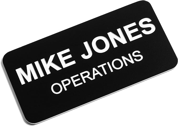 Custom Engraved Name Tag Badges – Personalized Identification with Pin or Magnetic Backing, 1.5 Inches x 3 Inches, Black/White