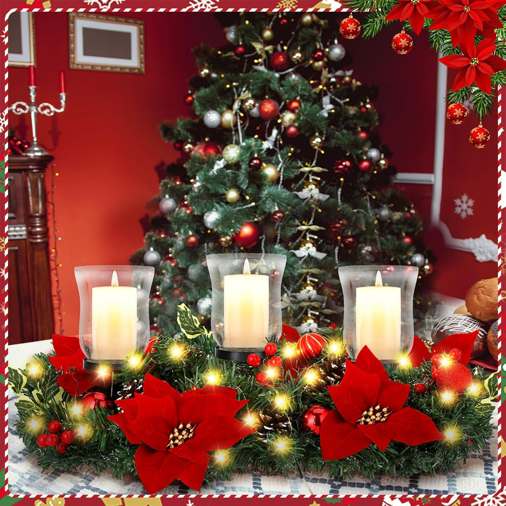 Sliner Christmas Candle Holder Centerpiece Christmas Poinsettia Glass Candle Holder Romantic Holiday Candelabrum for Xmas Party Table Mantel Decorations