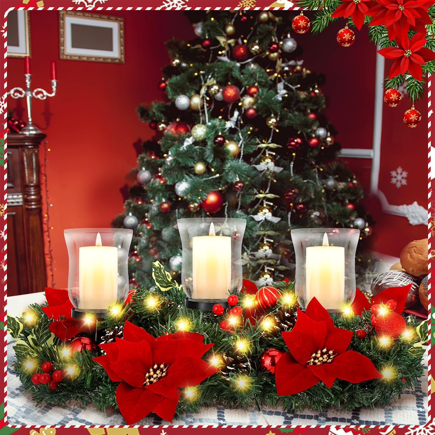 Sliner Christmas Candle Holder Centerpiece Christmas Poinsettia Glass Candle Holder Romantic Holiday Candelabrum for Xmas Party Table Mantel Decorations