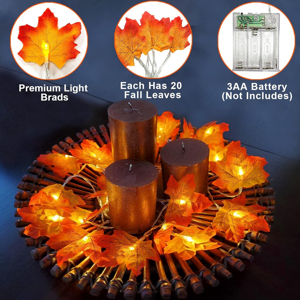 TURNMEON 2 Pack Fall Decor Enlarged Maples Leaves Lights Total 20Ft 40LED | Fall Decorations for Home Battery Operated Autumn Garland Lights Waterproof Indoor Outdoor Halloween Thanksgiving Decorations