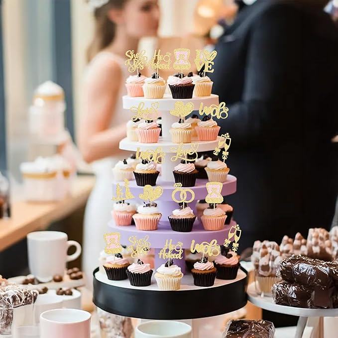 Ephlyn 30Pcs He Asked She Said Yes Cupcake Toppers Glitter Engagement Cupcake Toppers Diamond Ring Heart Love I Do Cupcake Picks for Engagement Wedding Party Cake Decorations Gold