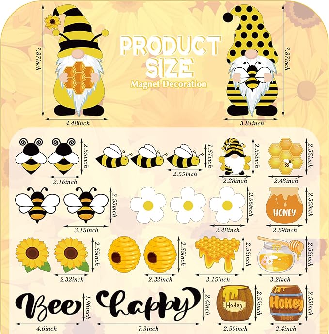 Xuhal 25 Pcs Bee Decor Refrigerator Magnets Happy Bee Gnome Sunflower Magnetic Stickers Car Magnets Fridge Garage Decor Party Supplies for Cars Office Whiteboard Mailbox