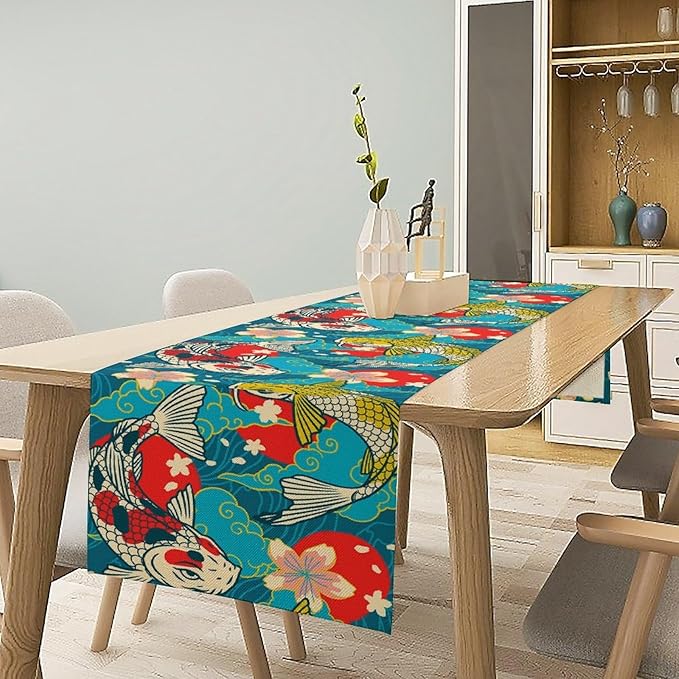 Japanese Kio Fish Table Runner Oriental Tradition Cherry Art Printed Burlap Runner Home Kitchen Dining Table Living Room Decor Fabric 1 Panel W13xL70in