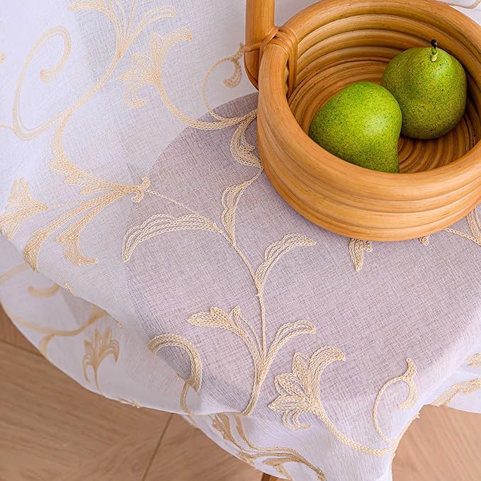 MYSTIC-HOME Sheer Curtains White 63 Inches, Boho Curtains for Bedroom Rod Pocket Farmhouse Drapes with Floral Patterned for Living Room, Embroidery Panels Vintage Country Curtains Set of 2, 52"x 63".