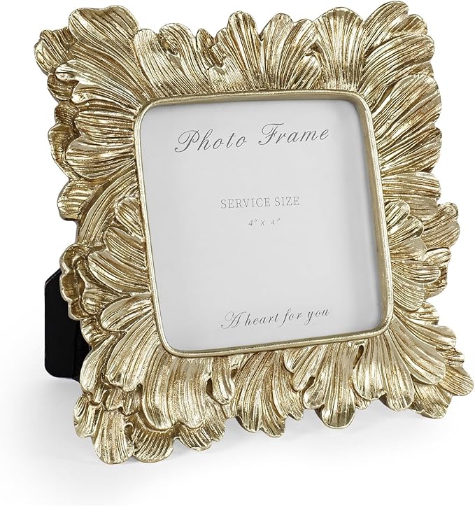 Cuspin Gold Picture Frames 4x4, Vintage Gold Resin Photo Frame Palm Leaves Textured with Glass Front, Elegant Retro Square Frame for Wall and Tabletop Display Home Decor