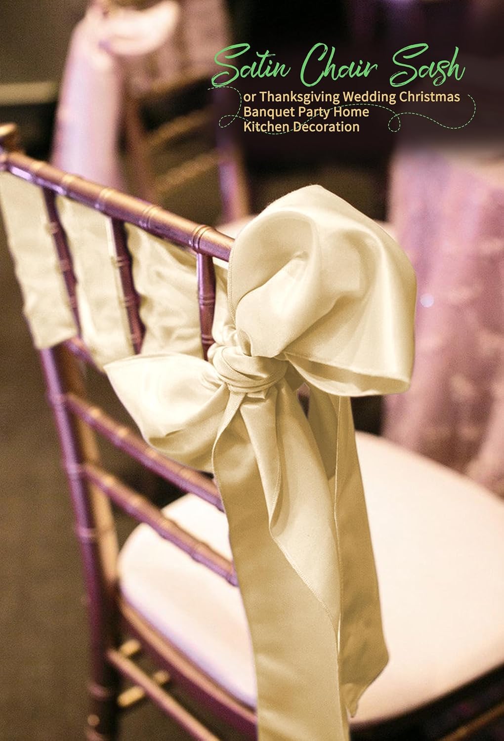 120 PCS Champagne Satin Chair Sashes, Ties Bows Designed Chairs Decorative, Chair Cover Sashes for Thanksgiving Wedding Christmas Banquet Party Home Kitchen Decoration (7 x 108 inch)