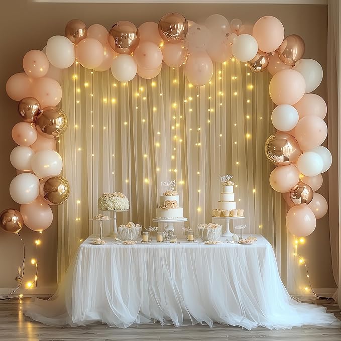 Tulle Backdrop Curtain with Lights String 30 X 10FT Champagne Sheer Tulle Backdrop Curtains for Wedding Birthday Party Reception Photo Booth Background Decorations (6 Panels 5x10FT)