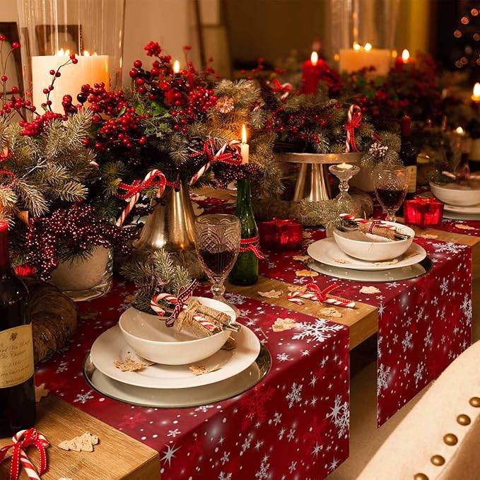 Christmas Snowflakes Cotton Linen Table Runner for Dining Kitchen, Red Xmas Winter Snow Wedding Outdoor Party Tablerunners Decoration, New Year Dresser Scarf Coffee Tablecloth Runners 13x60 Inches
