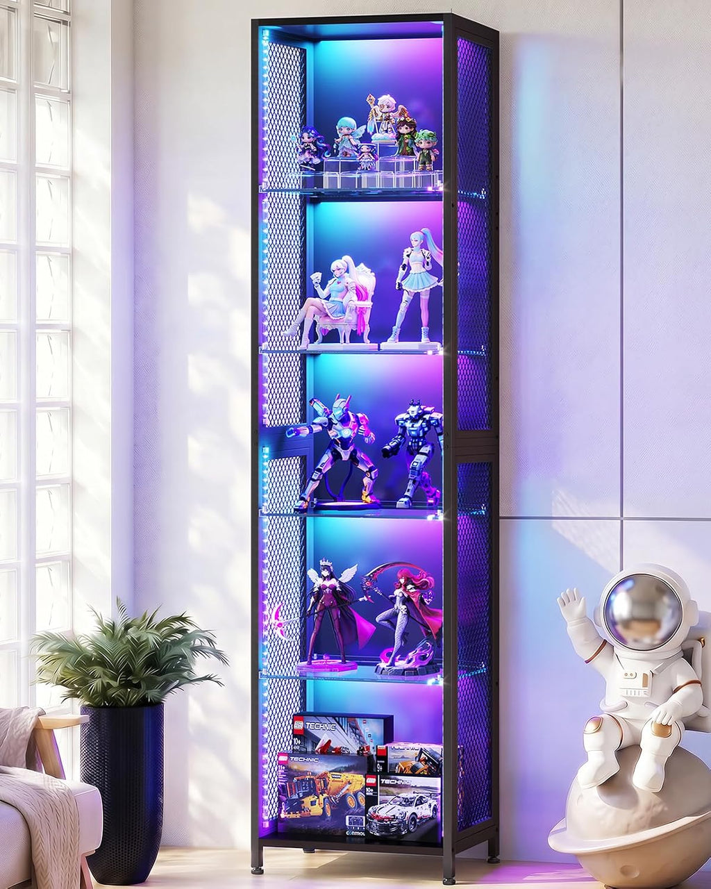 aodk 72" tall display case with led lights shown in use