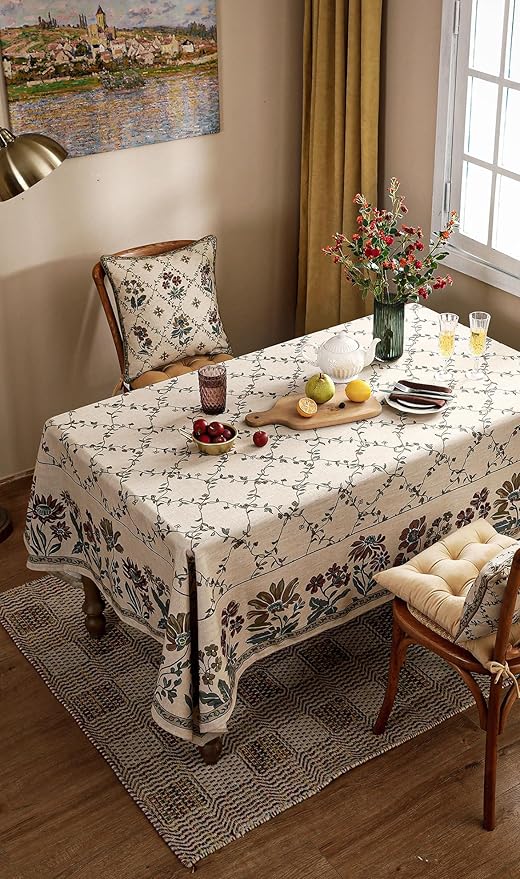 patdrea Designer Linen French Tablecloth for Rectangle Table,Fall Country Breathable Floral Tablecloths,Table Cover for Kitchen Dining,Tea Party,Christmas,Thanksgiving,63"x87"-Oliveirad