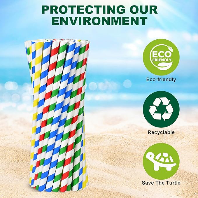 [10MM Wide] 10.25 Inch Extra Long Fat Sturdy Paper Drinking Straws for Smoothies, Milkshakes, Thick Frozen Drinks - 100 Counts, Colorful Stripes - Biodegradable
