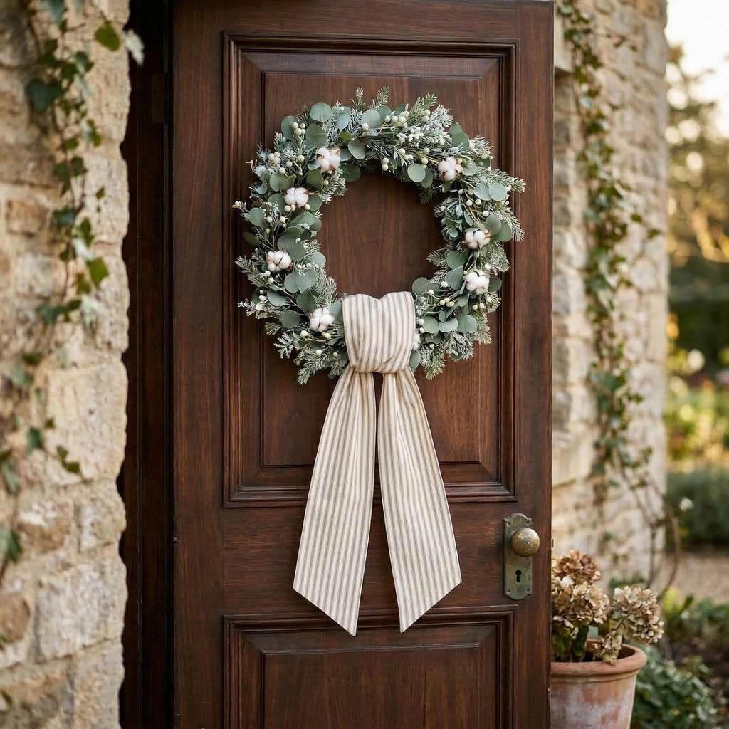 Spring Wreath Sash for Front Door, Birthday Khaki Stripes Burlap Ribbon Sash Holiday Wreath Accessories for Baby Shower Wedding Decorations