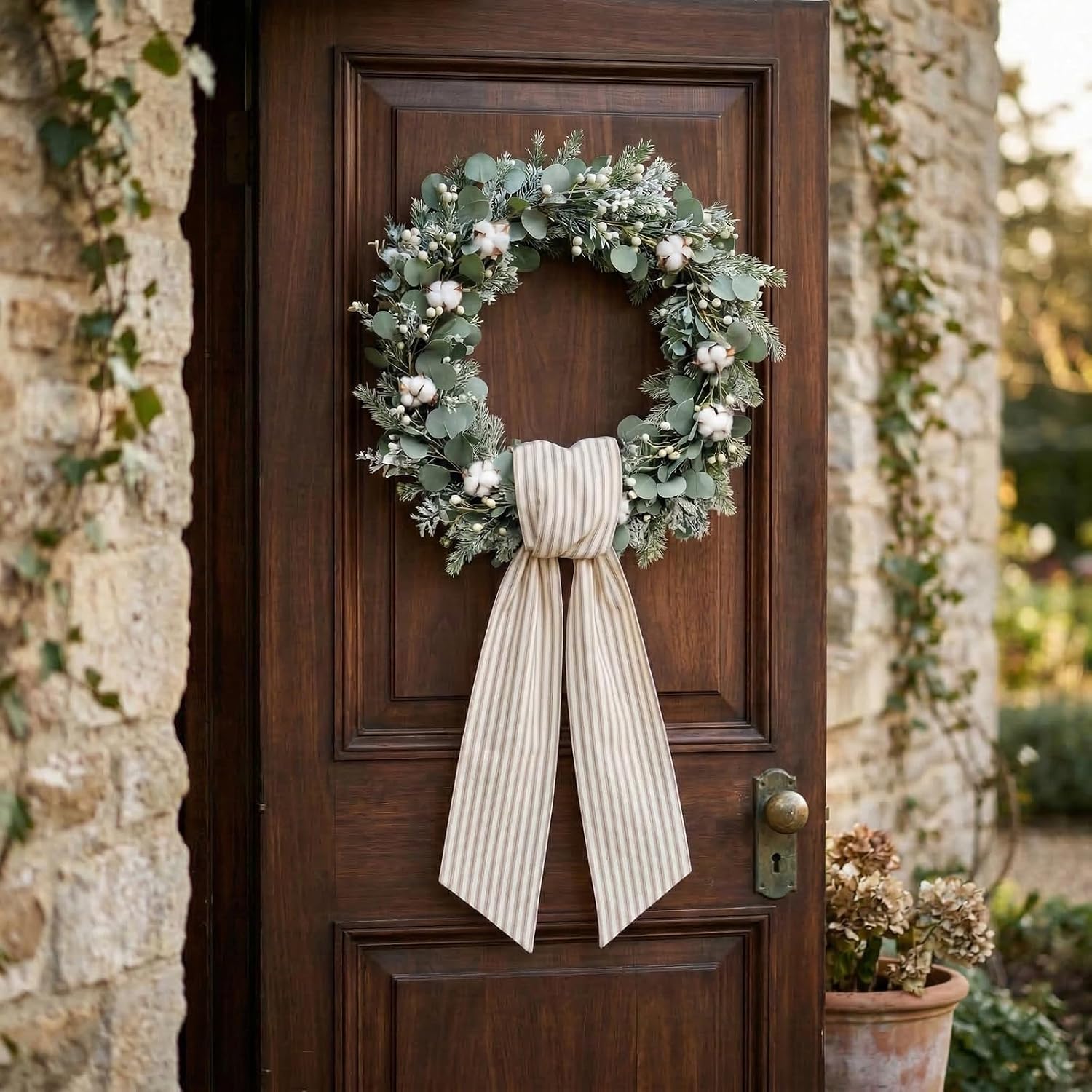 Spring Wreath Sash for Front Door, Birthday Khaki Stripes Burlap Ribbon Sash Holiday Wreath Accessories for Baby Shower Wedding Decorations
