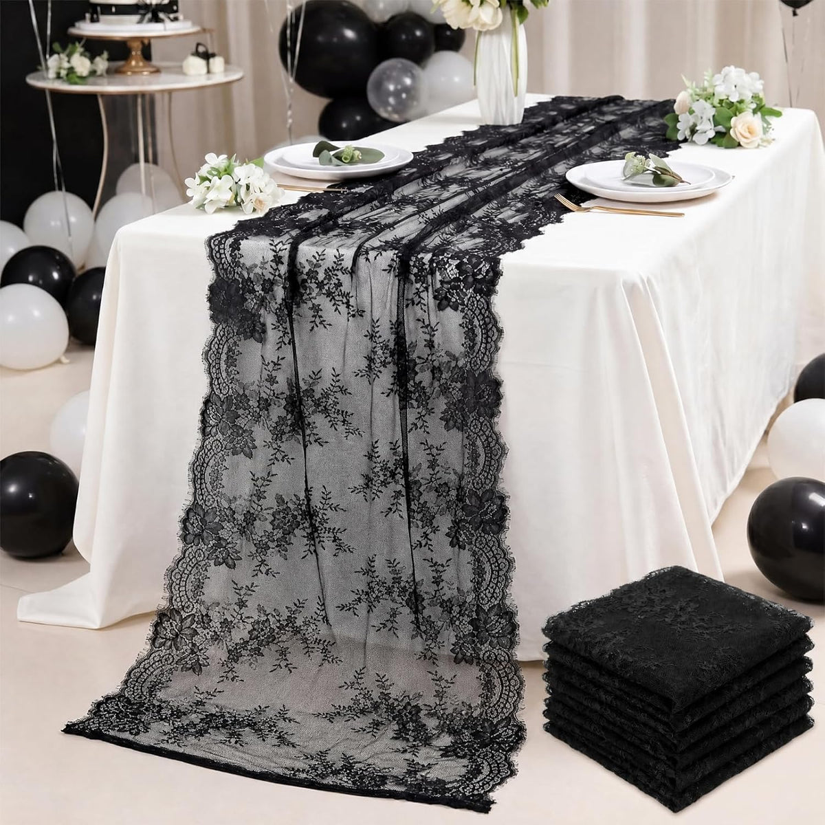 Remagr 6 Pcs Black Lace Table Runners 30" x 120" Floral Wedding Decor