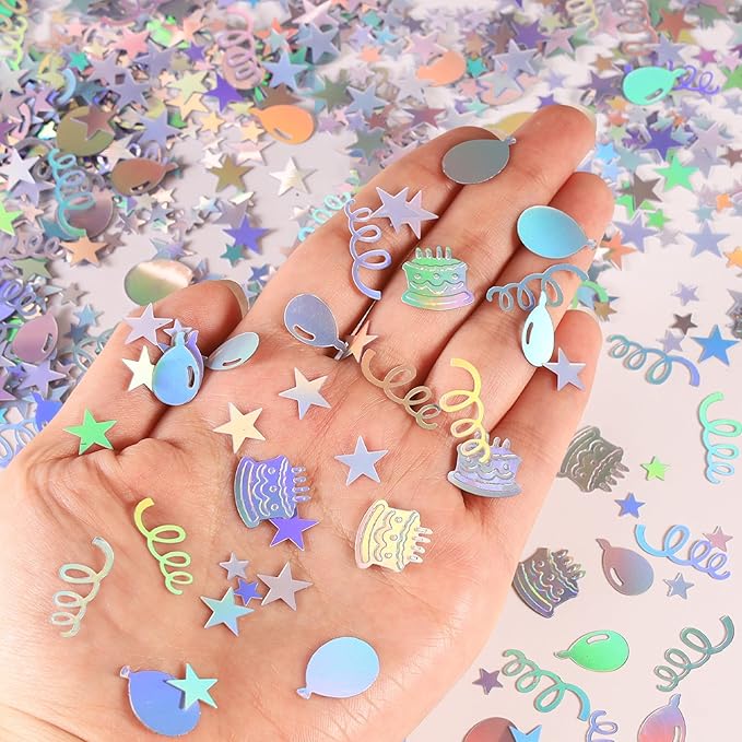 VHUWE Happy Birthday Confetti, 1.6 oz Laser Silver Cake Balloon Star Goblet Bottle Swirl Glitter Confetti for Boys Girls Kids Women Men Happy Birthday Party Table Decorations Supplies