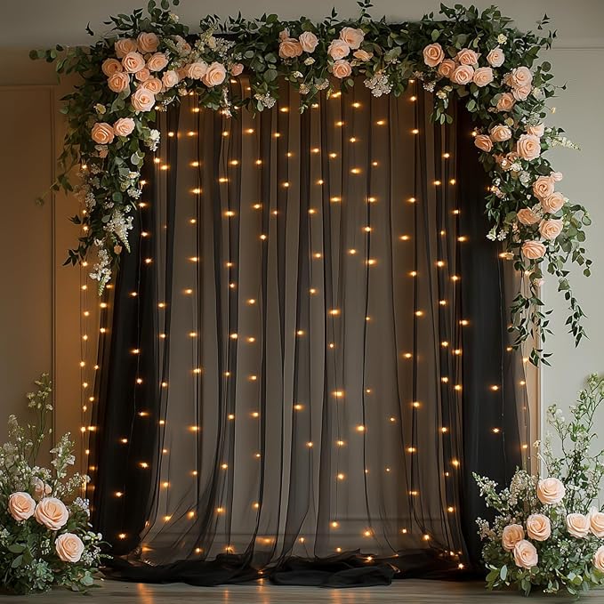 10x10ft Black Tulle Backdrop Curtain with String Lights, Wrinkle-Free Sheer Wedding Backdrop for Birthday Parties, Baby Showers, Bridal Showers, Photo Shoots and Home Decorations, Black