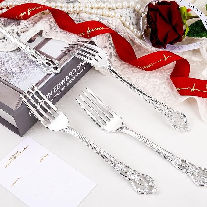 30PCS Silver Plastic Forks - 8.1inch Silver Forks Disposable - Vintage Heavy Duty Dessert Forks - Premium Fancy Plastic Silverware for Parties, Weddings, Dinners and Events