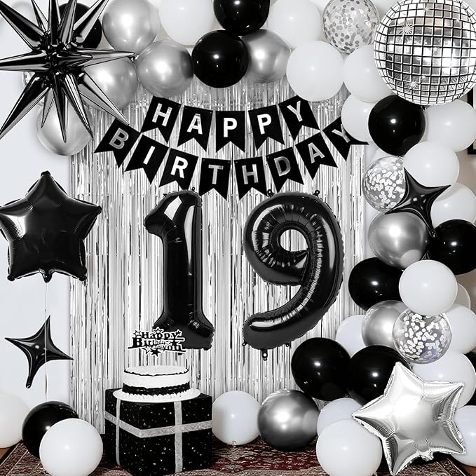 19th Birthday Decorations for Boys Men, Black Silver Happy Birthday Party Decorations， 19 Year Old Party Supplies with Number 19 Balloons, Banner, Fringe Curtains Kit