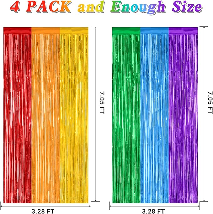 4 Pack Pride Decorations, 3.28 FT x 7.05 FT Rainbow Backdrop, Metallic LGBT Party Decor Foil Tinsel Party Streamer Backdrop Curtains, Rainbow Curtains Birthday Photo Booth Props
